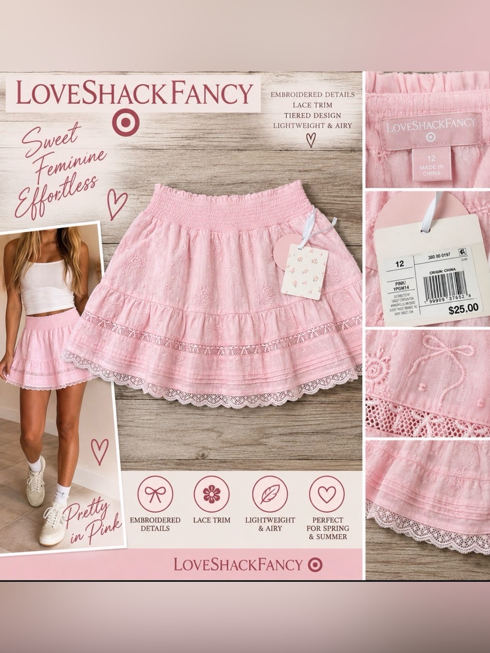 LoveShackFancy x Target Pink Embroidered Lace Mini Skirt – Size 12 – NWT